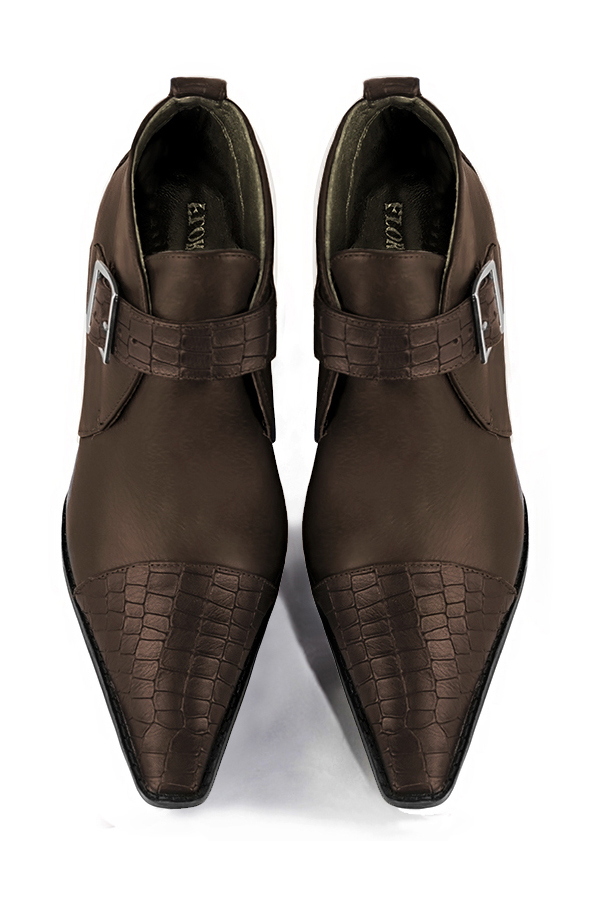 Dark brown women's ankle boots with buckles at the front. Tapered toe. Medium block heels. Top view - Florence KOOIJMAN